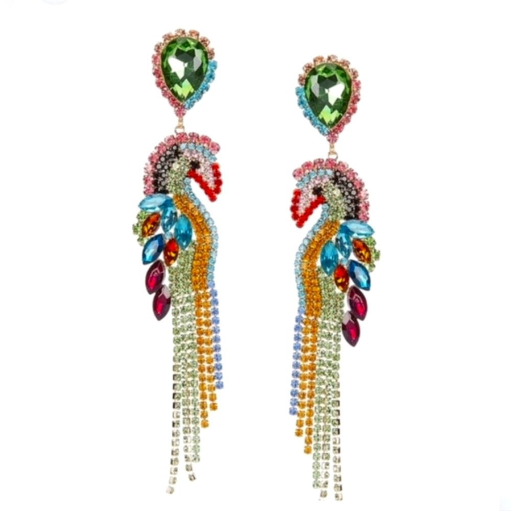 Natasha Toucan Sam Crystal Drop Earrings Gorgeous Tropical Statement Nwt 45$